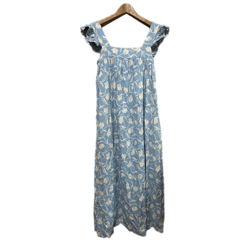 A New Day Floral Midi Dress Womens S Blue Excellent Ruffle Linen Blend Pocket